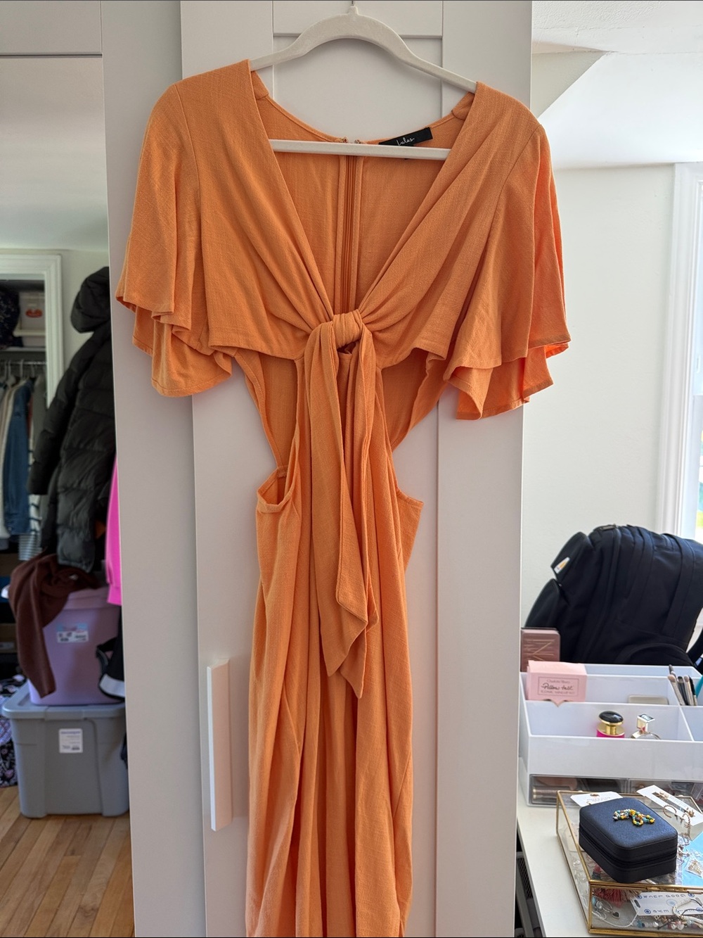 Lulu's Orange Tie-Front Maxi Dress with Flutter Sleeves